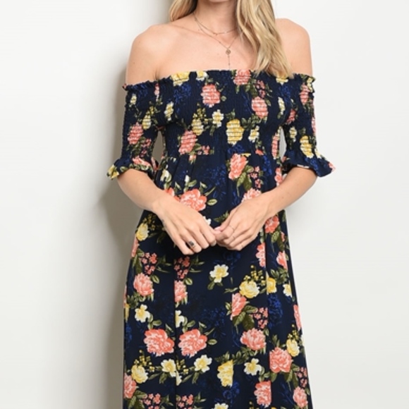 NAVY & FLORAL PRINT SMOCKED TOP MAXI DRESS - Picture 2 of 7